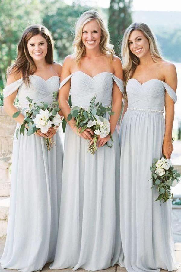 A-lline Chiffon Off the Shoulder Silver Beach Bridesmaid Dresses BD073 by pgmdress