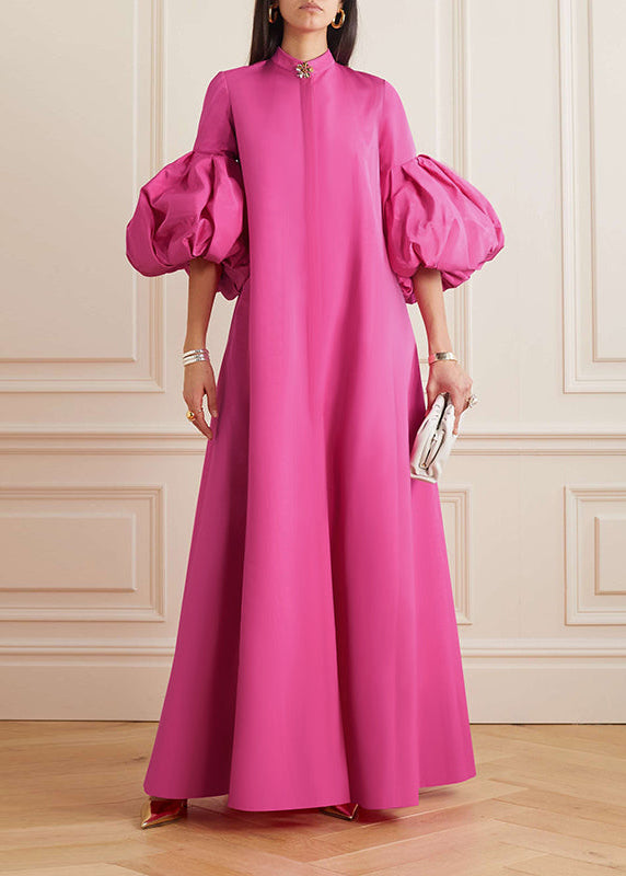 Loose Flower Shape Solid Color Stand Collar Lantern Sleeves Maxi Dresses