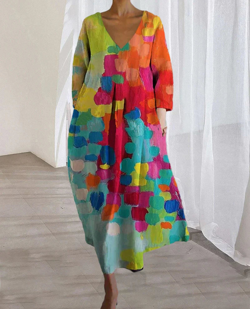 Deméter Colorful Printed V-neck Dress for Women Minimalist Chic Style