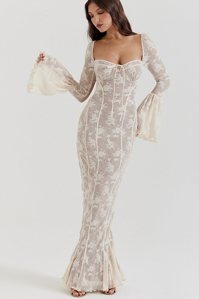 Bodycon Lace Flare Sleeve Maxi Dress - VelvetHem