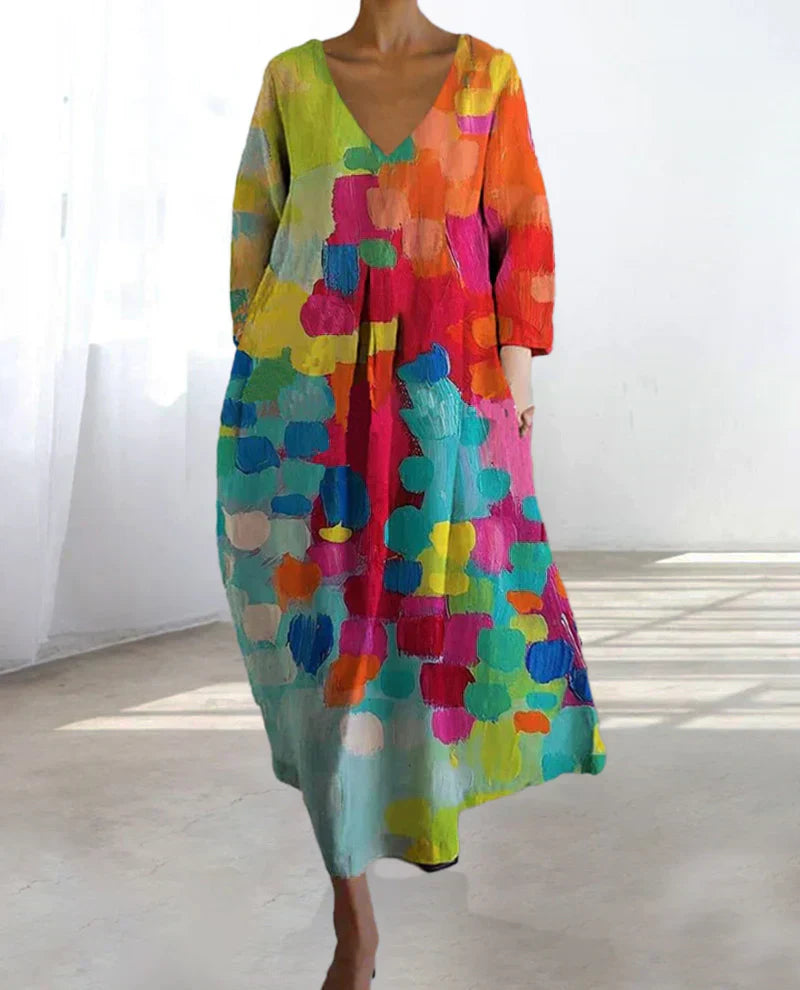 Deméter Colorful Printed V-neck Dress for Women Minimalist Chic Style