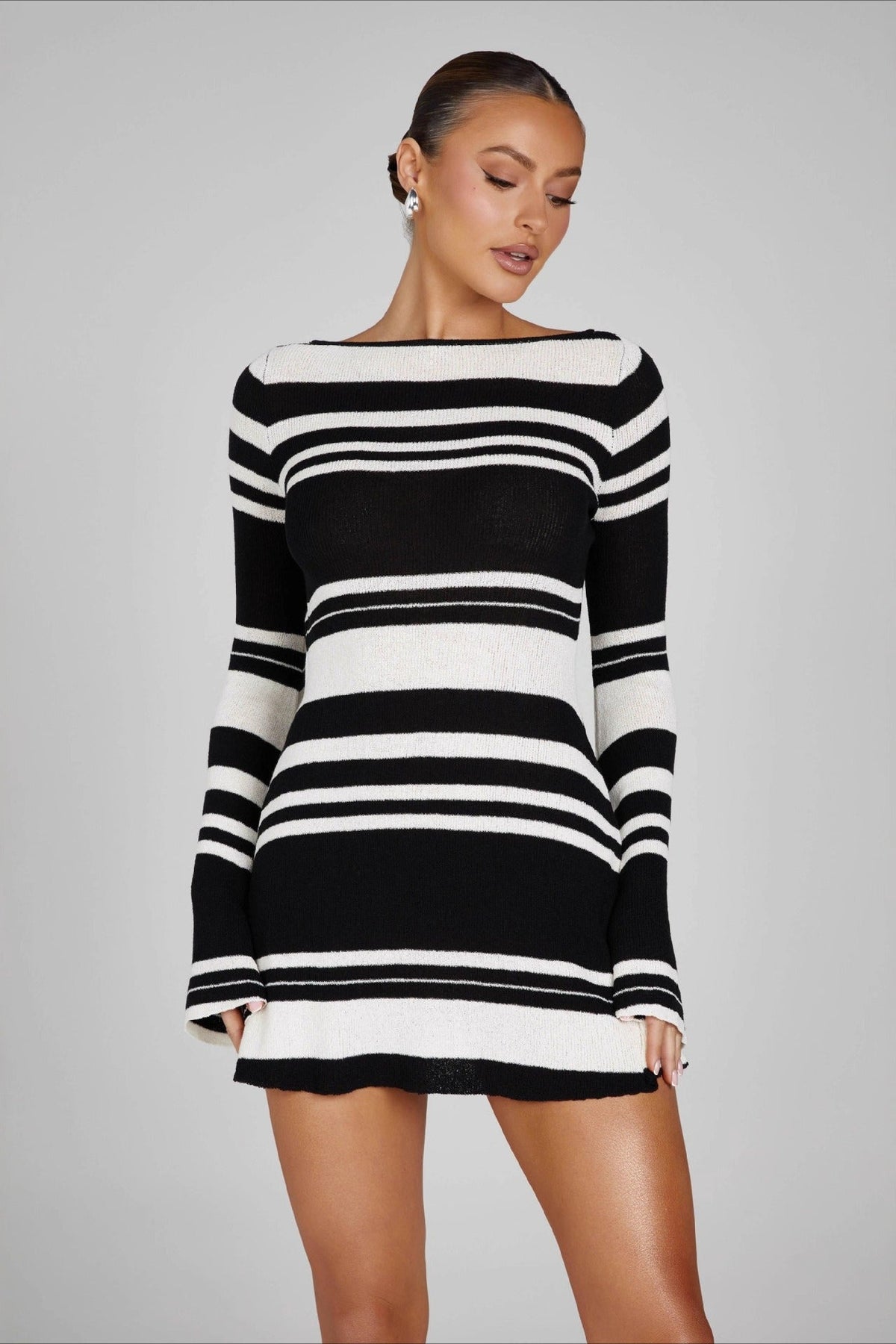 Striped Color-Block Knit Bell-Sleeve Backless Sweater Dress - VelvetHem