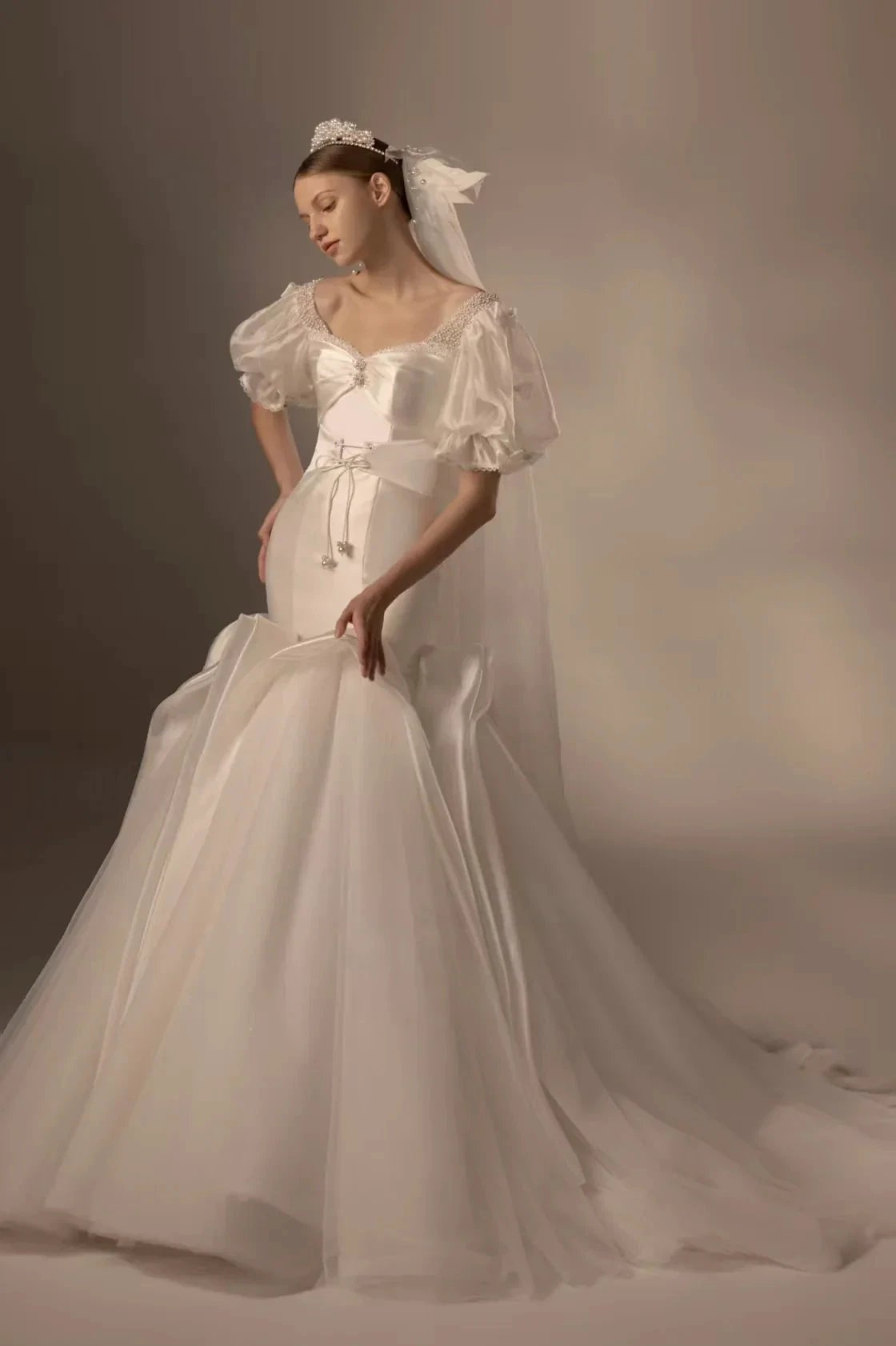 Elegant Mermaid Square Neck Organza Puff Sleeve Satin Wedding Dress with Crystal Trim & Lace-Up Back (ZD16912) - VelvetHem