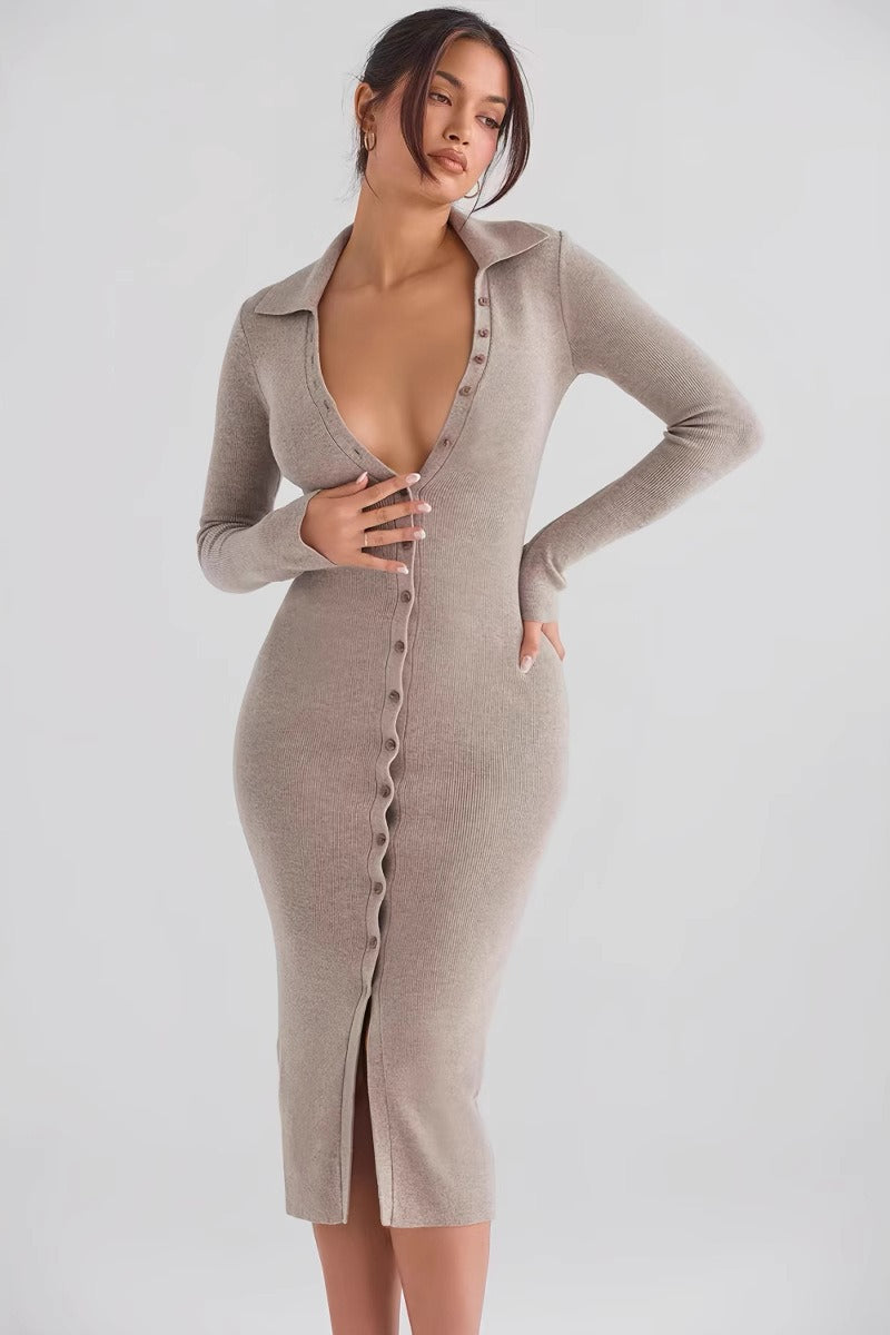 Core-Spun Yarn Knit V-Neck Long-Sleeve Bodycon Midi Sweater Dress - VelvetHem