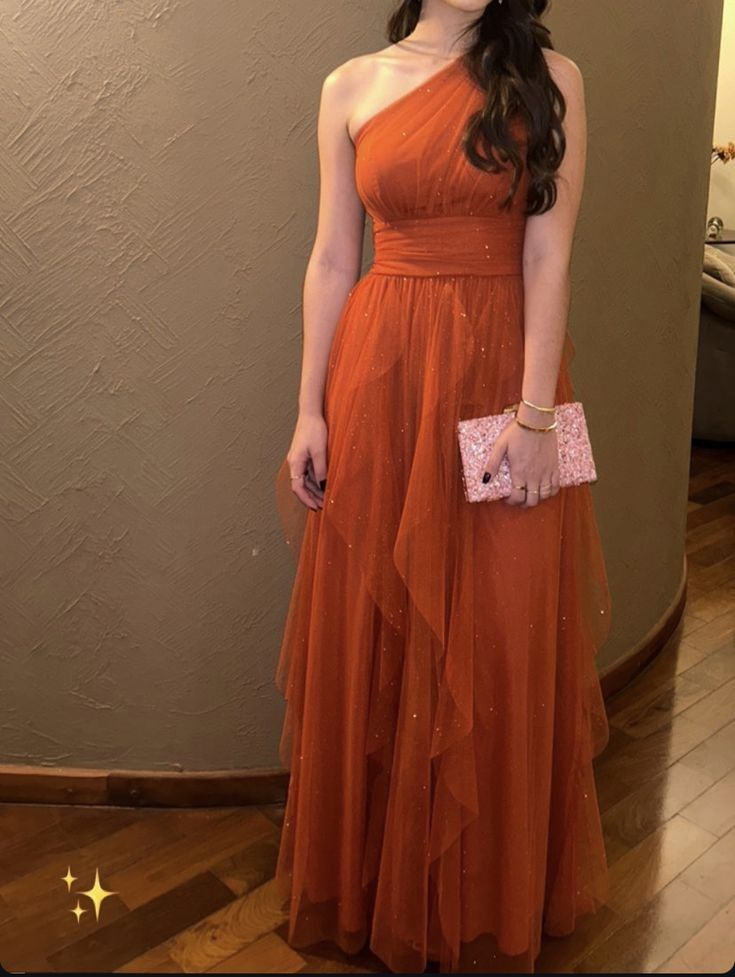 Sparkly One Shoulder Tulle Party Dress Orange A Line Prom Evening Dress - VelvetHem