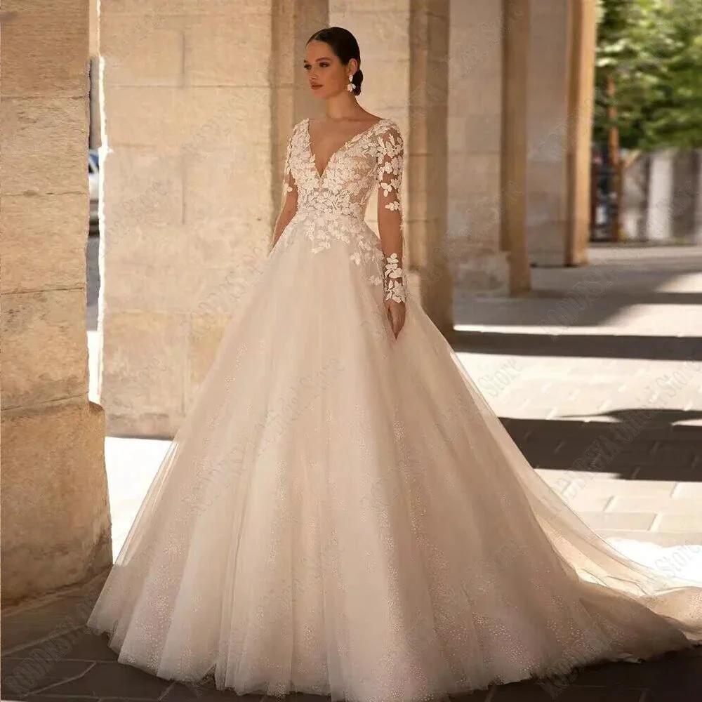 Exquisite Wedding Dresses Long Sleeves Sexy Backless Bride Gowns Applique Princess Tulle A-Line vestidos de novia by payinti