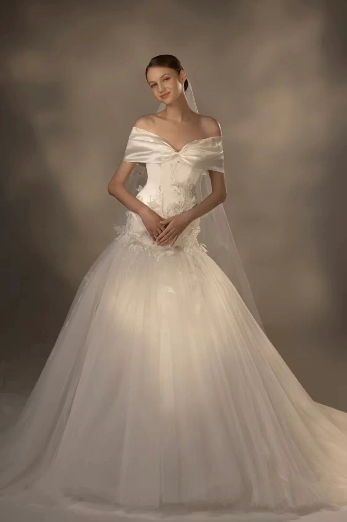Gorgeous Long Ball Gown Off-the-Shoulder Satin & Tulle Wedding Dress with 3D Embroidery & Cathedral Train (ZD16909) - VelvetHem