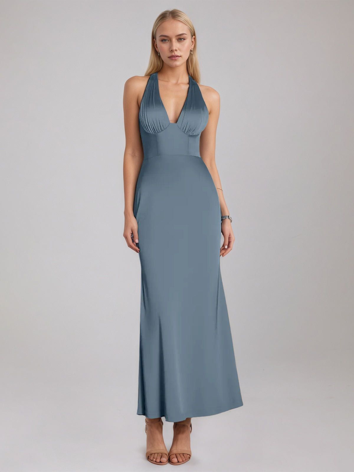 Slate Blue Sheath/Column Satin Halter Sleeveless Ankle Length Dress - VelvetHem