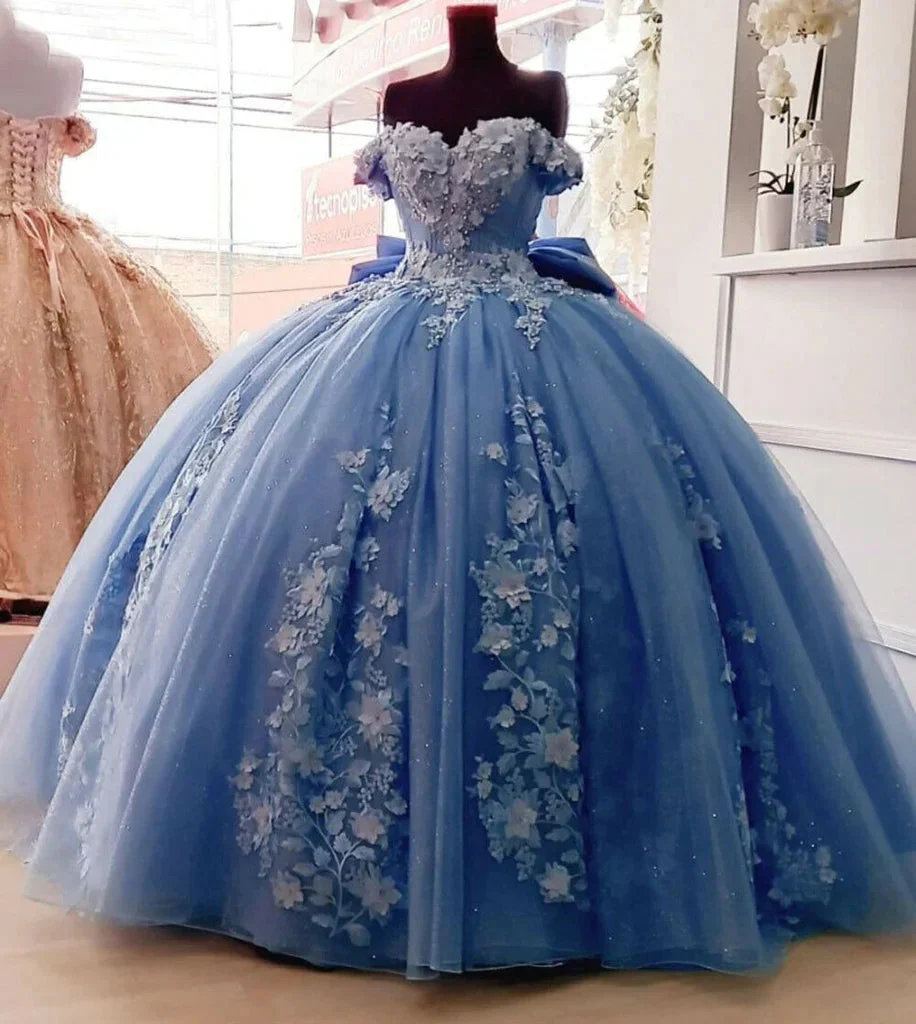 Blue Tulle Floral Flower Lace Appliques Off Shoulder Ball Gown Quinceanera Dress With Bow - VelvetHem