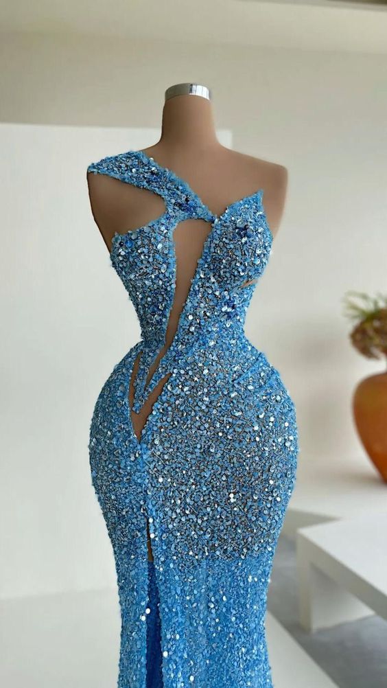Blue Mermaid Sequins Celebrity Dresses Charming Evening Dress Y31 - VelvetHem