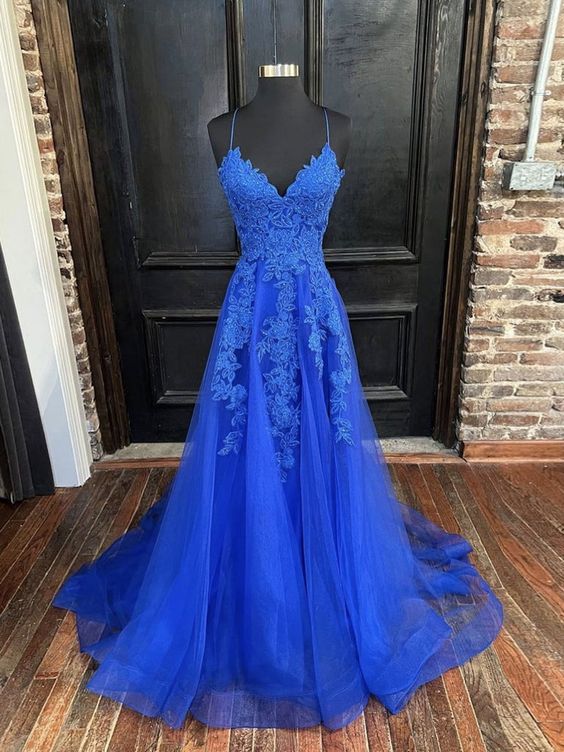 Blue v neck tulle lace long prom dress, blue tulle formal dress - VelvetHem