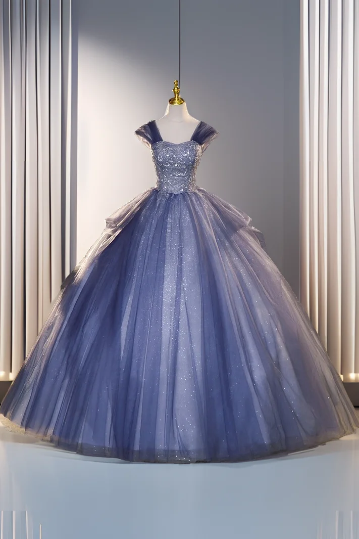Blue Off The Shoulder Sequins Tulle Evening Dress Sweet 16 Dress - VelvetHem