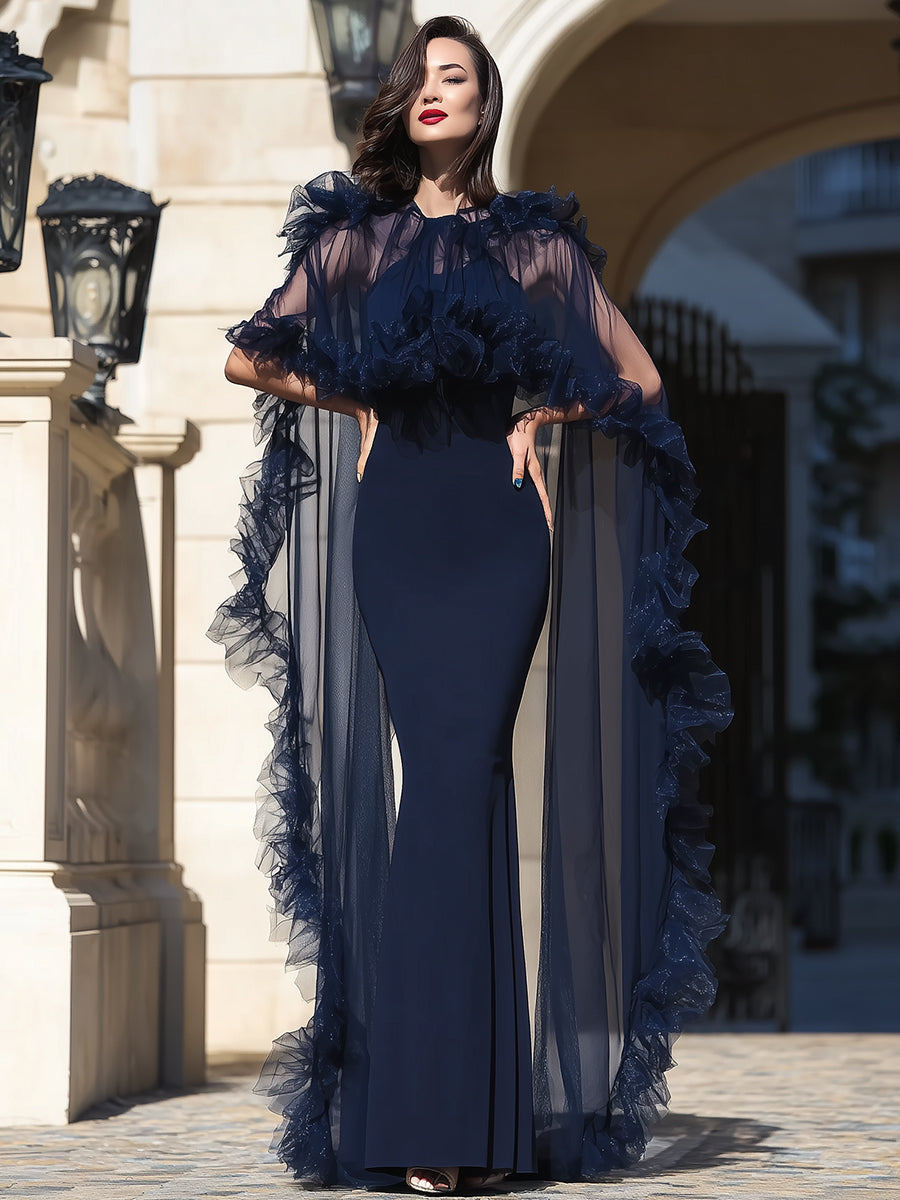 Midnight Elegance Ruffled Sheer Cape Gown