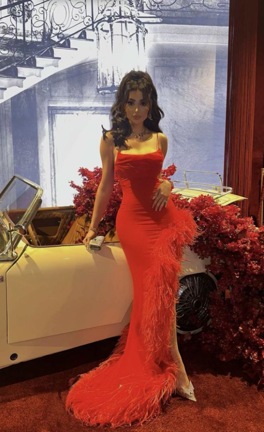 Sexy Mermaid Red Straps Long Prom Dress,Formal Evening Dress With Feathers - VelvetHem
