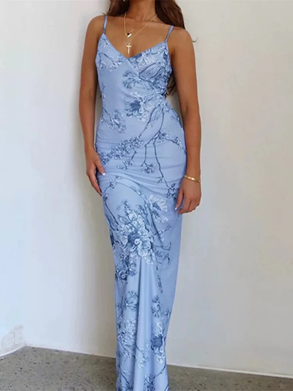 Unique Mermaid Blue Print Prom Dress Long Party Evening Dress - View 5 | VelvetHem