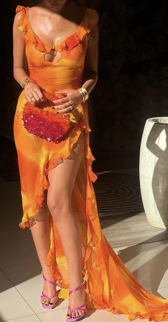 Unique Chiffon Ruffles Slit Long Prom Dress Party Evening Dress Y7497 - VelvetHem