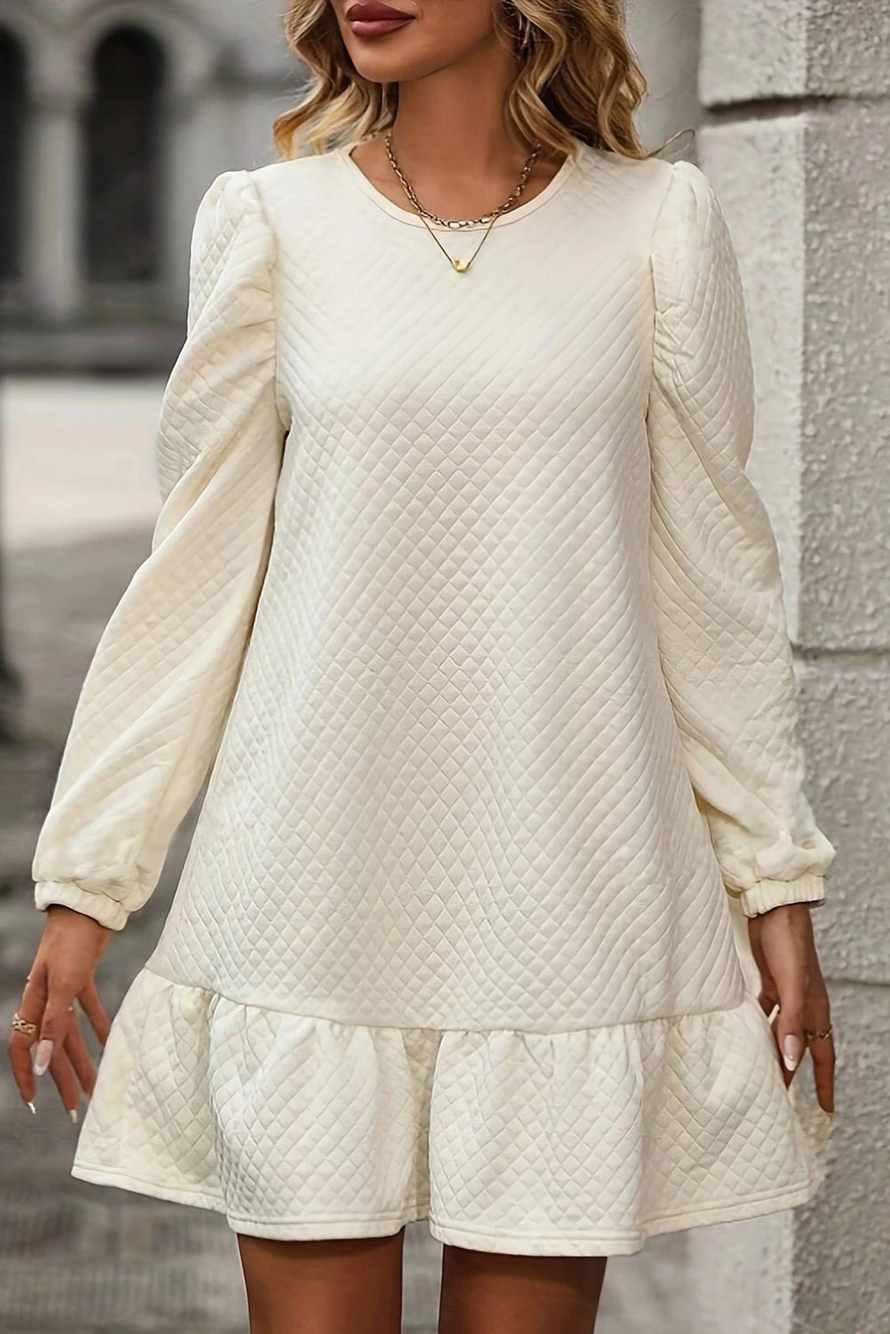 Ariana Effortless White Structured Mini Dress with Ruffle Hem and Grid Pattern Elevated Occasion Wear