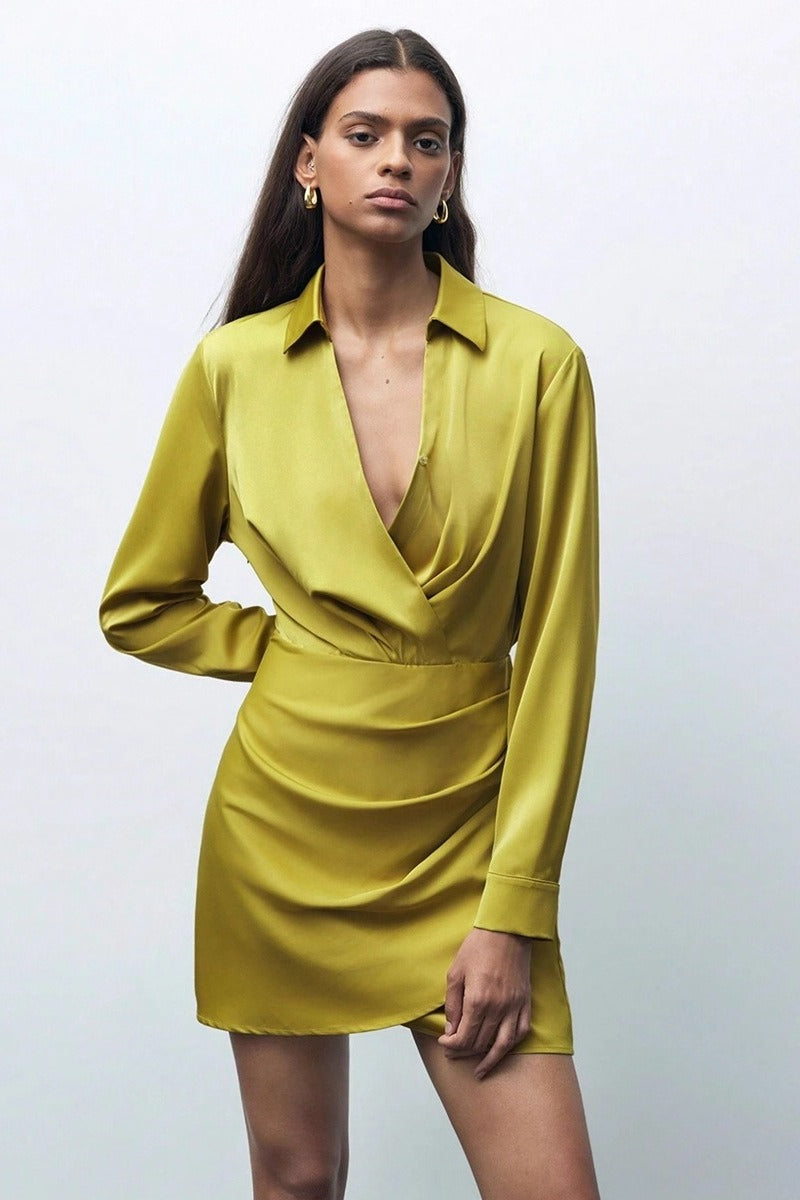 Ruched Satin Versatile Mini Silk Dress - VelvetHem
