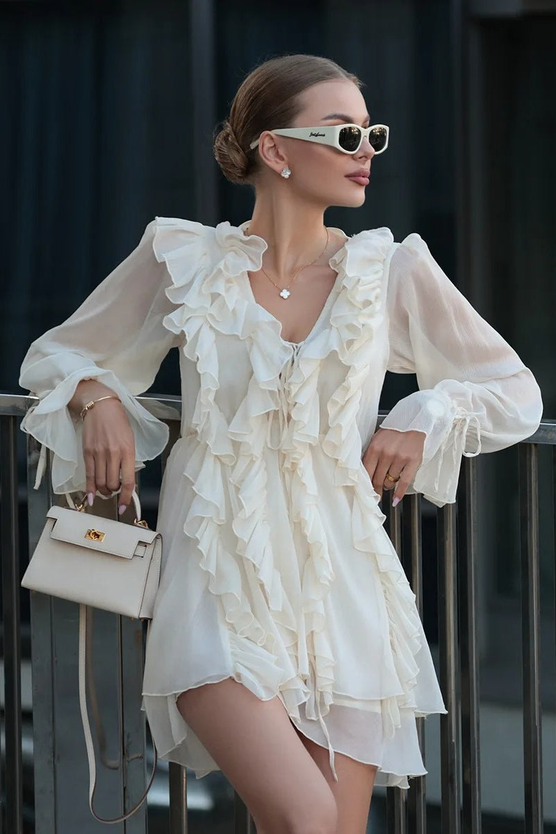 Chiffon Ruffle Tie Waist Mini Dress - VelvetHem
