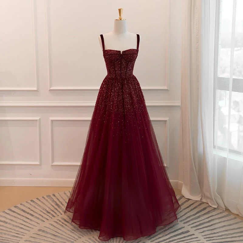 Gothic Burgundy Spaghetti Straps Sequins Beaded Formal Prom Dress Tulle Party Evening Dress Y7586 - VelvetHem