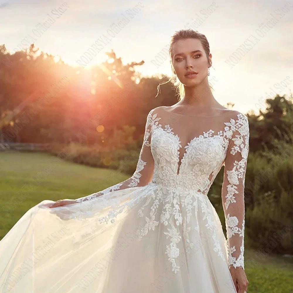 Pastrol Wedding Dresses For Woman Long Sleeves Illusion Back Scoop Bride Gowns Applique A-Line Tulle vestidos de novia (ZD13331)