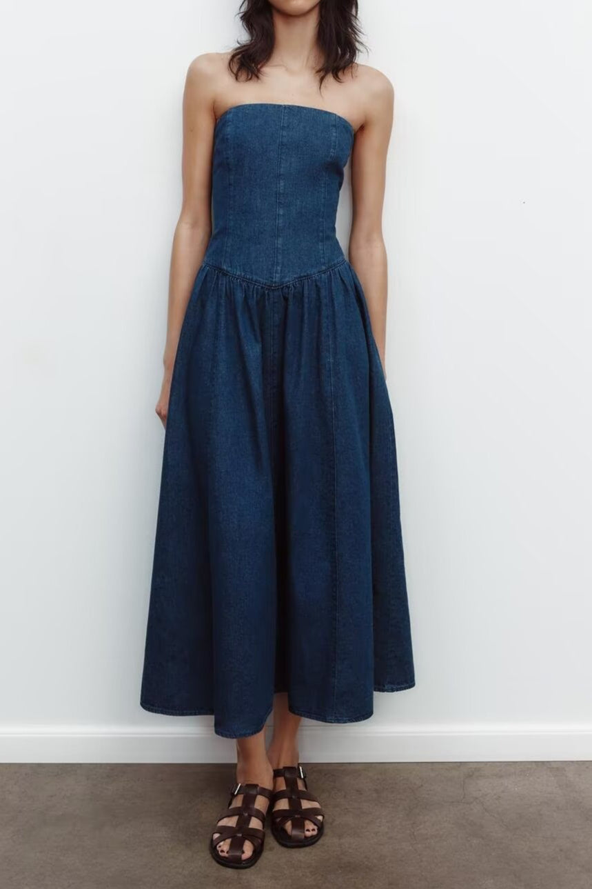Strapless A-Line Denim Dress - VelvetHem
