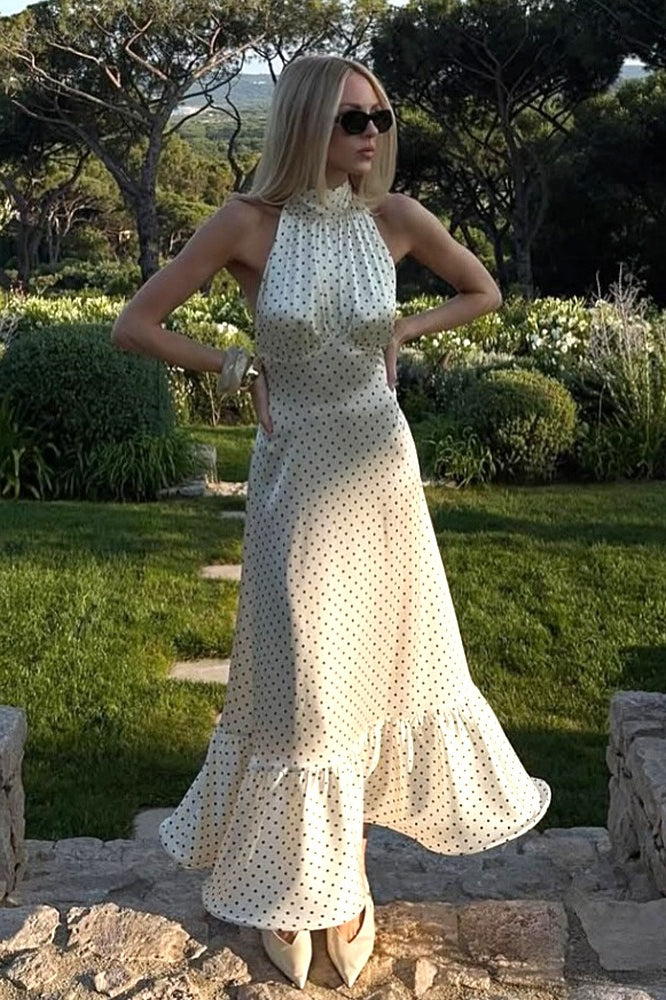 Polka Dot Backless Satin Maxi Dress - View 2 | VelvetHem