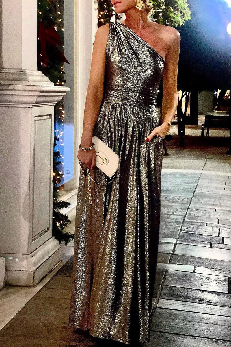 Sexy Elegant Solid Bronzing Sequined Oblique Collar Evening Dress Dresses - VelvetHem