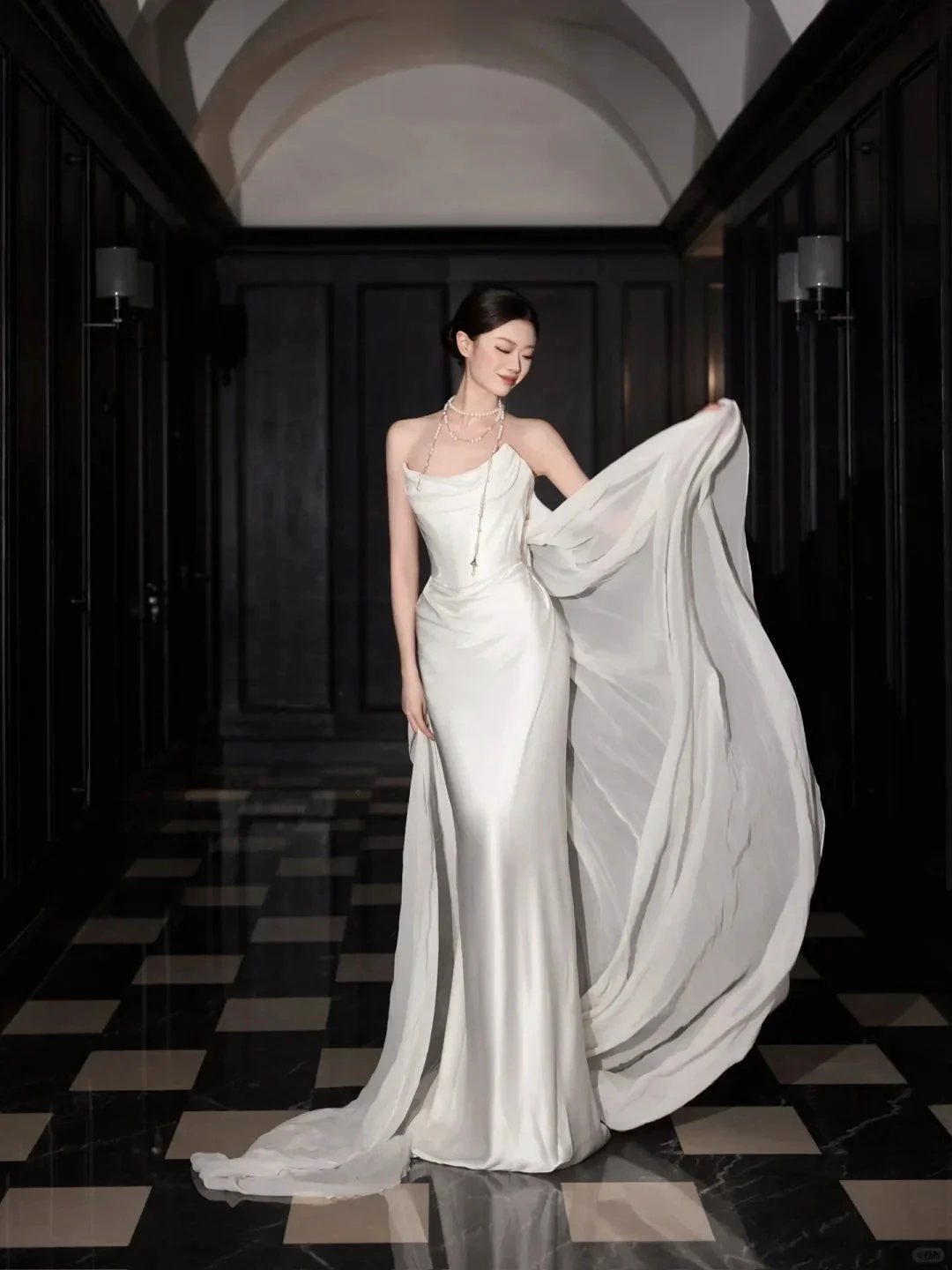 Classy White Satin Chiffon Mermaid Prom Dress,Strapless Long Wedding Dress (ZD13750) - VelvetHem