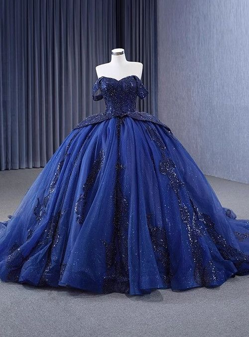 Luxurious Navy Blue Tulle Sequins Beading Prom Dress Sweet 16 Ball Gown - VelvetHem