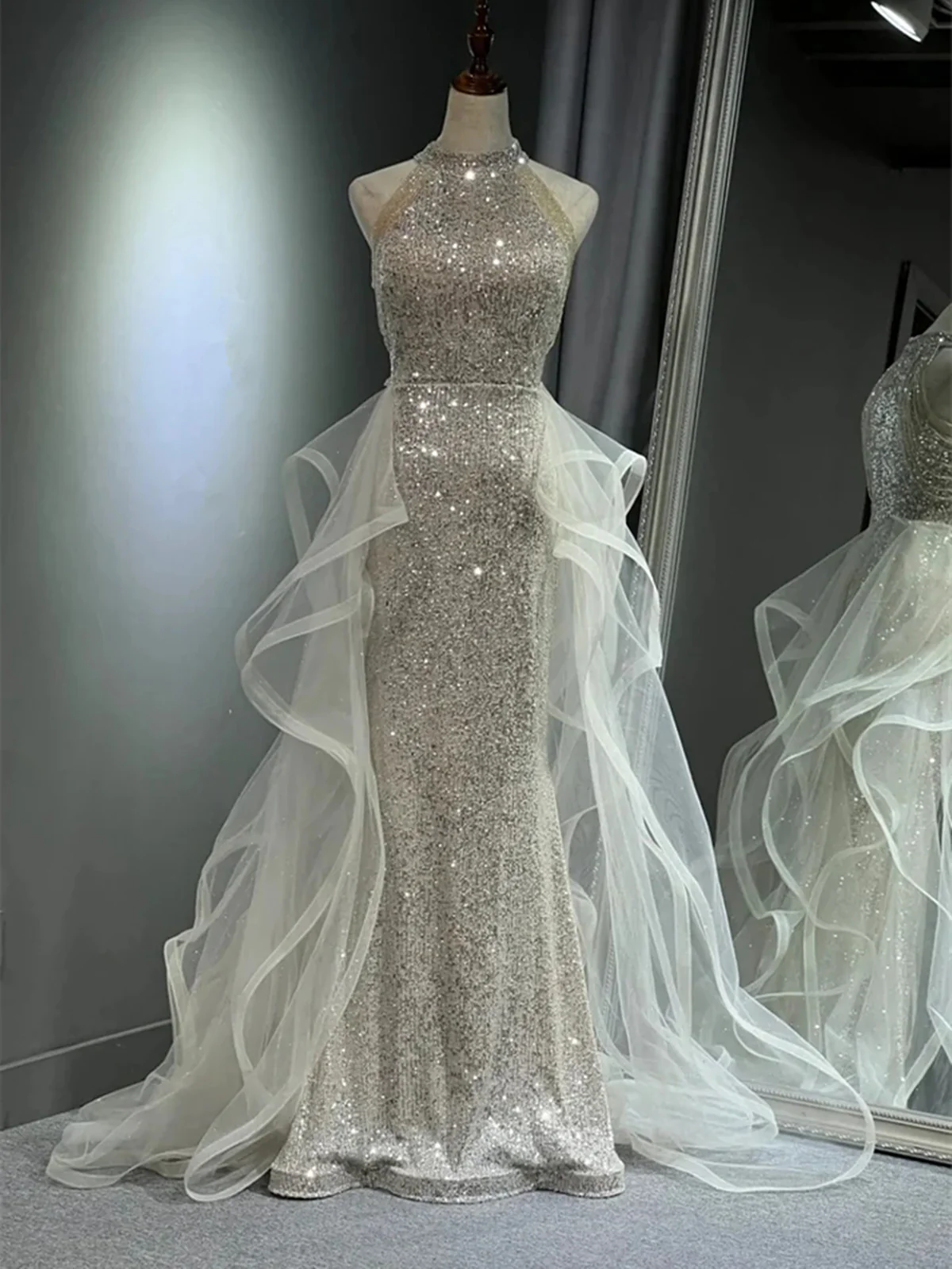 Chic White Tulle and Sequins Long Prom Dress, Halter A-line Party Dress Evening Dress - VelvetHem