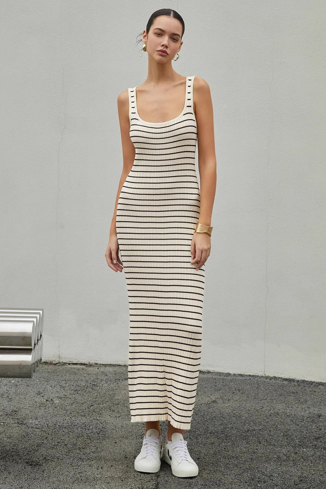 Striped Sleeveless Cami Knit Bodycon Maxi Sweater Dress - VelvetHem