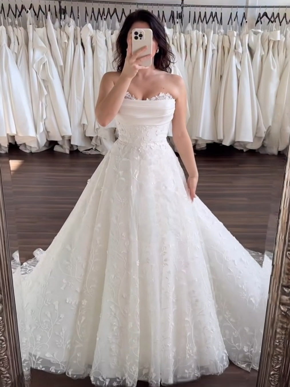 Draped Sweetheart Neck Lace Floral A-Line Long Wedding Dress - VelvetHem