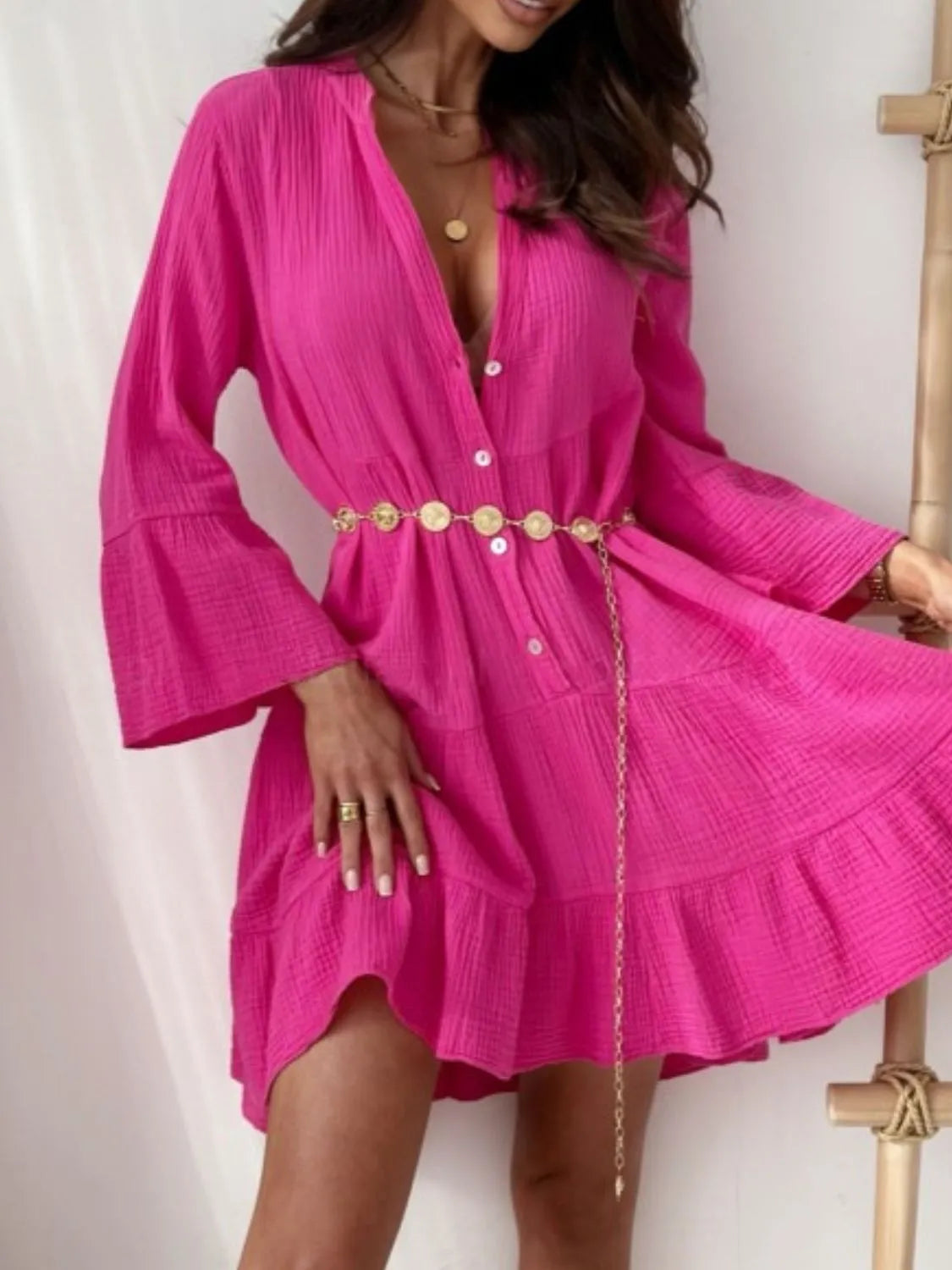 Christina Luxe Long Sleeved Flared Mini Dress with Ruffles and Buttons Evening Wear Edit