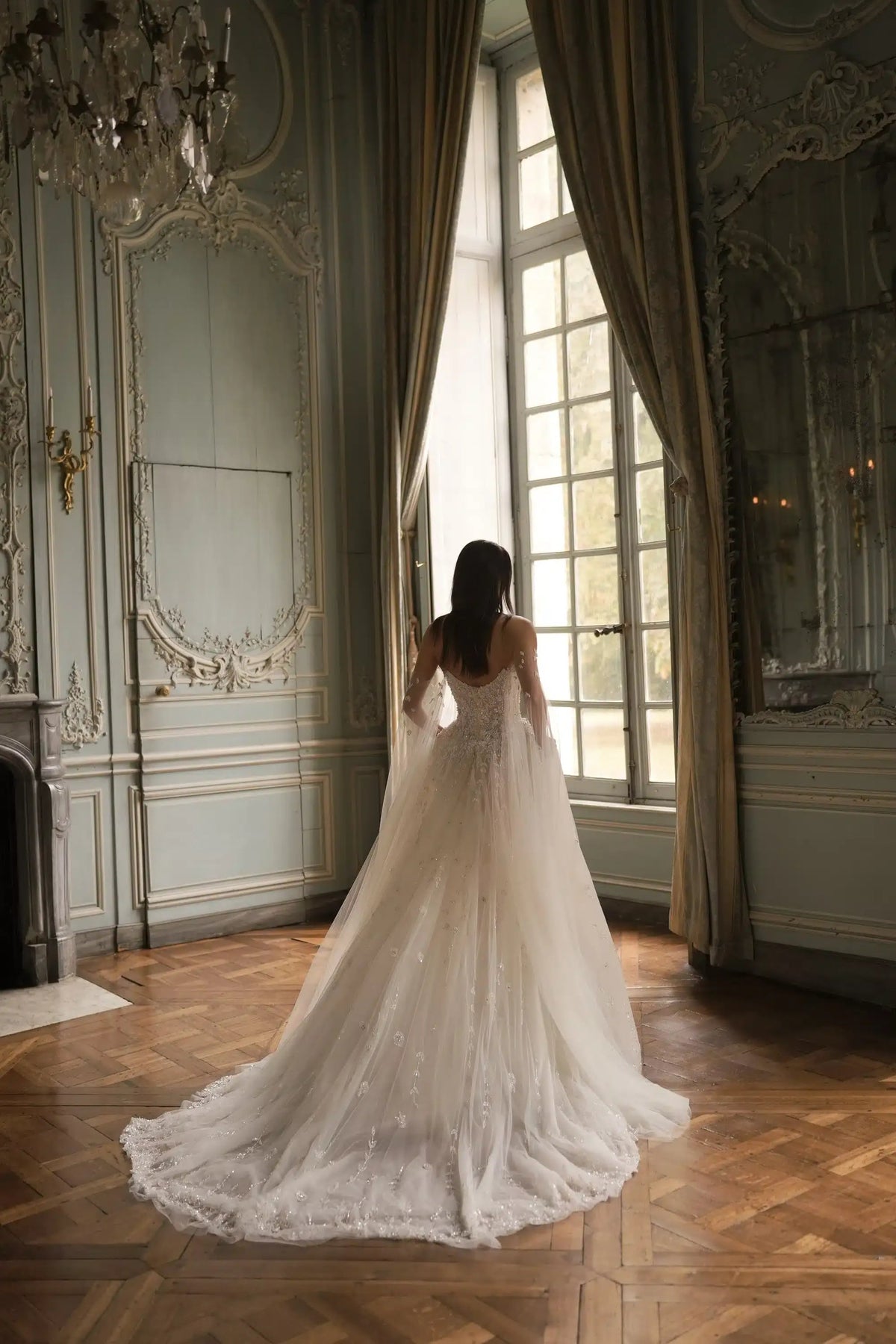 White Sparkly Beaded Corset Tulle Wedding Gown with Long Train ZP206