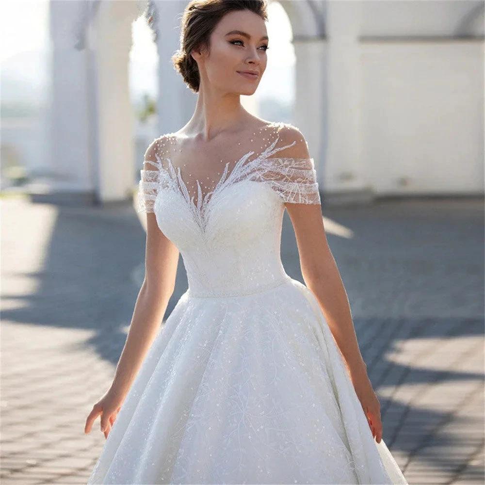 Charming Cap Sleeves Bridal Gowns 2024 Classic Lace A-Line Wedding Dress Backless O-Neck Vestidos De Novia Custome Made (ZD13470)