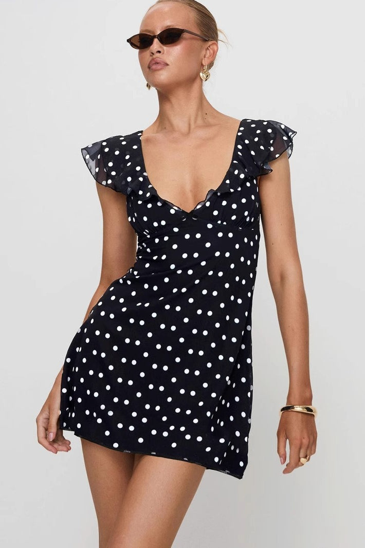 Polka Dot Mesh A-Line Mini Dress - VelvetHem