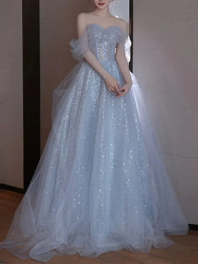 A-Line Evening Dress Elegant Off Shoulder Tulle Sequins Prom Dress Wedding Dress Y7626 by simplepromdress
