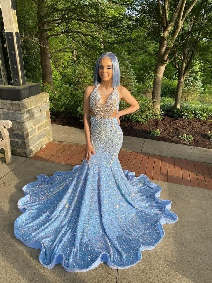 Gorgeous Blue Sequins Beaded Mermaid Evening Dress Shiny Party Prom Dress - VelvetHem