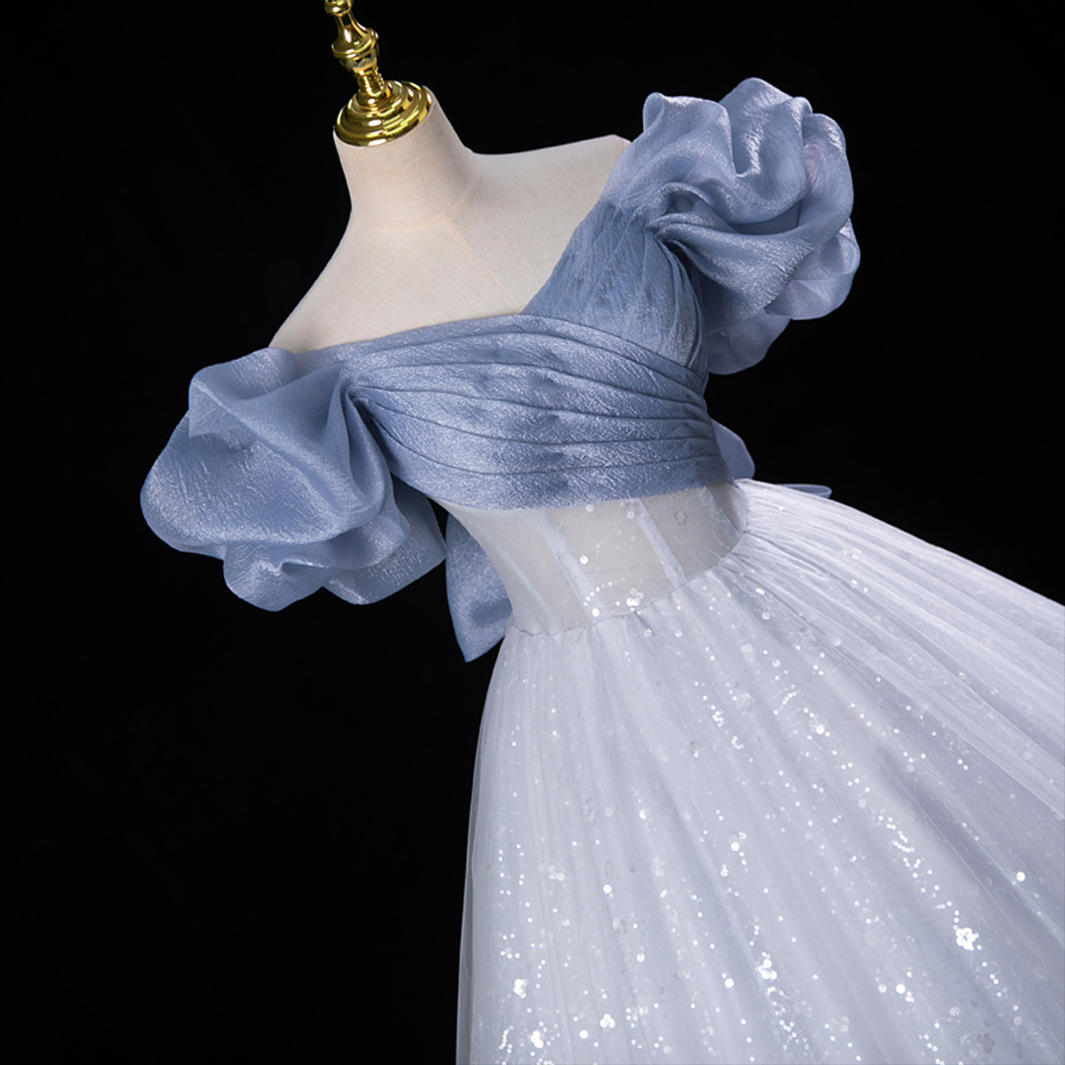 Fairy Blue Tulle Sequins Off the Shoulder Quinceanera Dress Cute Ball Gown With Bow - View 2 | VelvetHem