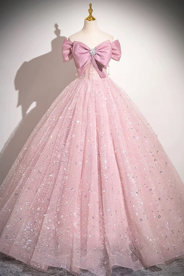 Cute Pink Tulle Sequins Long A-Line Ball Gown, Off Shoulder Sweet 16 Dress - VelvetHem