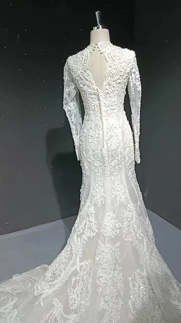 V-neck long sleeved luxurious nail bead trailing bridal veil (ZD16770)