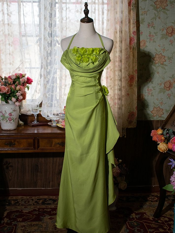 Green Halter Floral Prom Gown Vintage Party Dress Evening Dress - VelvetHem