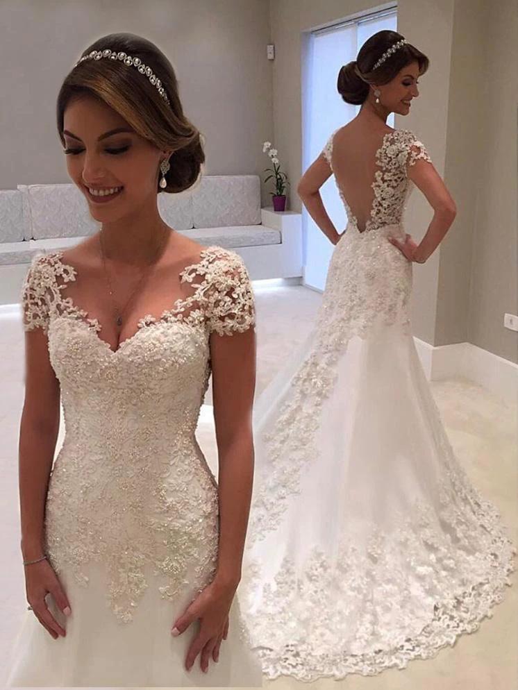 Affordable Long Mermaid V-Neck Lace Backless Wedding Dresses with Cap Sleeves (ZD15904) - VelvetHem