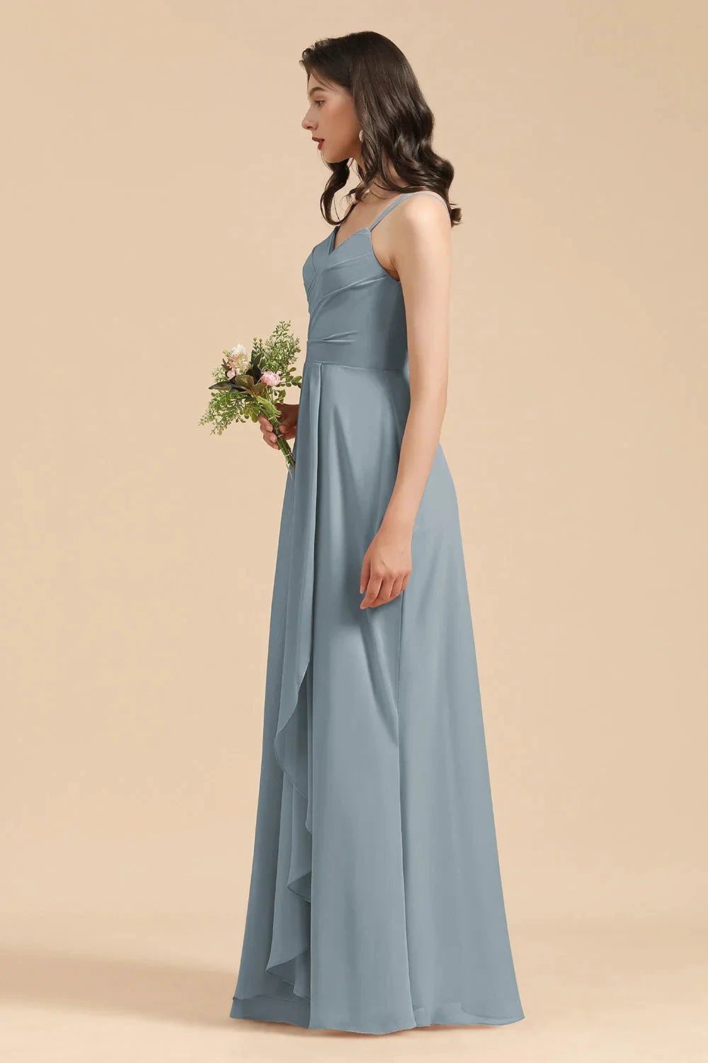 Affordable V-Neck Ruffle Dusty Blue Chiffon Bridesmaid Dresses (ZD12870)