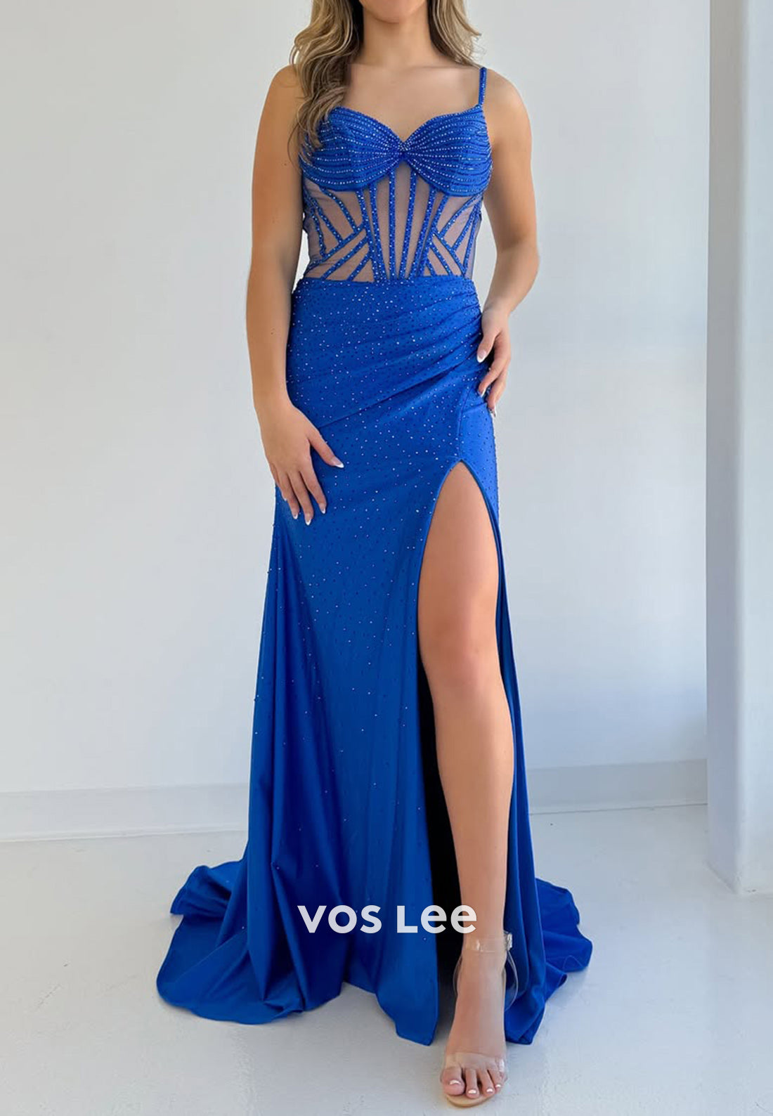 Sexy Royal Blue Spaghetti Straps CutOut Trumpet Slit Evening Dress Prom Gown - VelvetHem