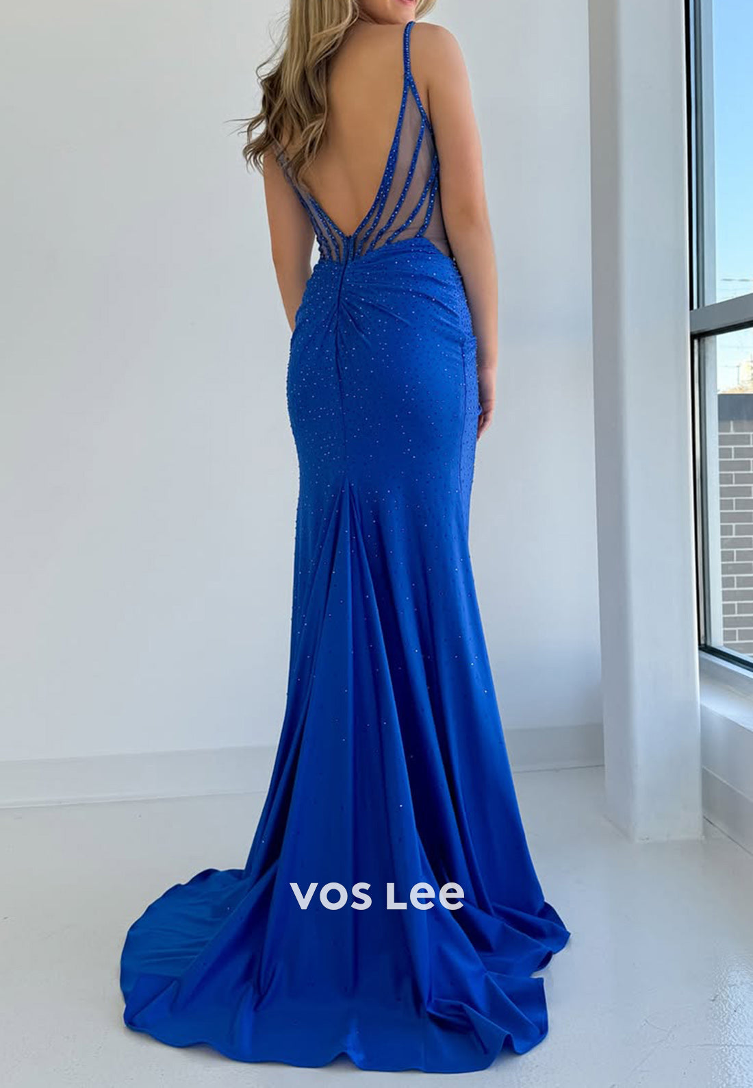 Sexy Royal Blue Spaghetti Straps CutOut Trumpet Slit Evening Dress Prom Gown - View 3 | VelvetHem