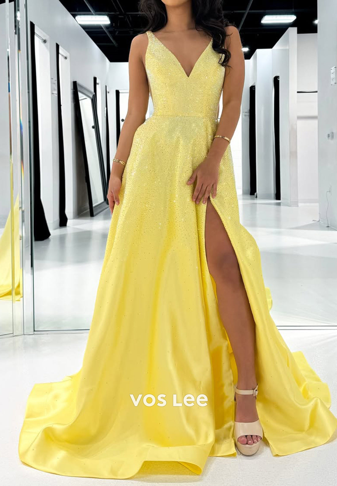 Yellow Simple Straps V-Neck A-Line with Slit Satin Evening Dress Prom Gown - VelvetHem