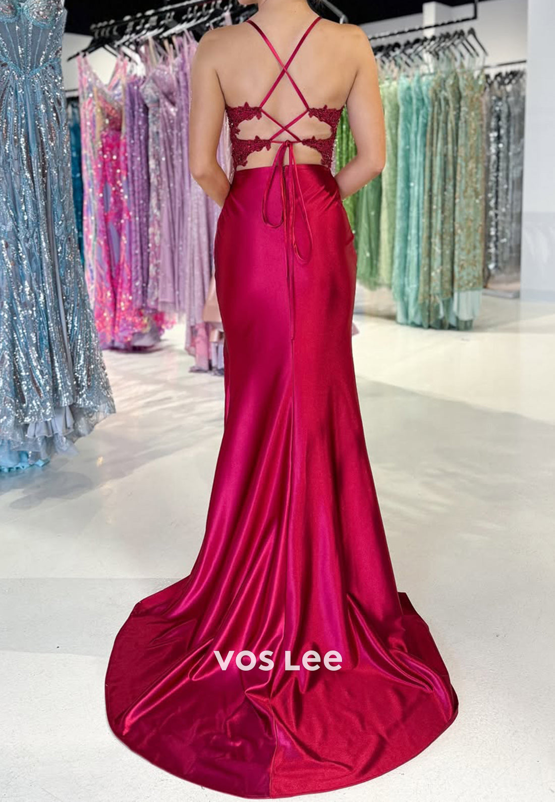 Chic Spaghetti Straps Applique Cutout Satin Formal Evening Dress Prom Gown - View 2 | VelvetHem