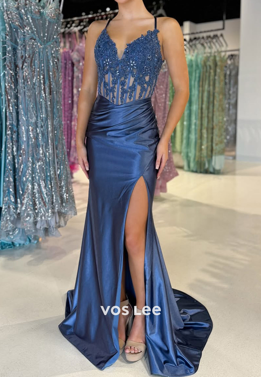 Chic Spaghetti Straps Applique Cutout Satin Formal Evening Dress Prom Gown - View 3 | VelvetHem